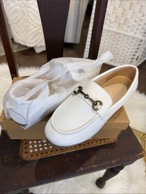 Women's White Leather Slip-On Loafers with Metal Bit Accent